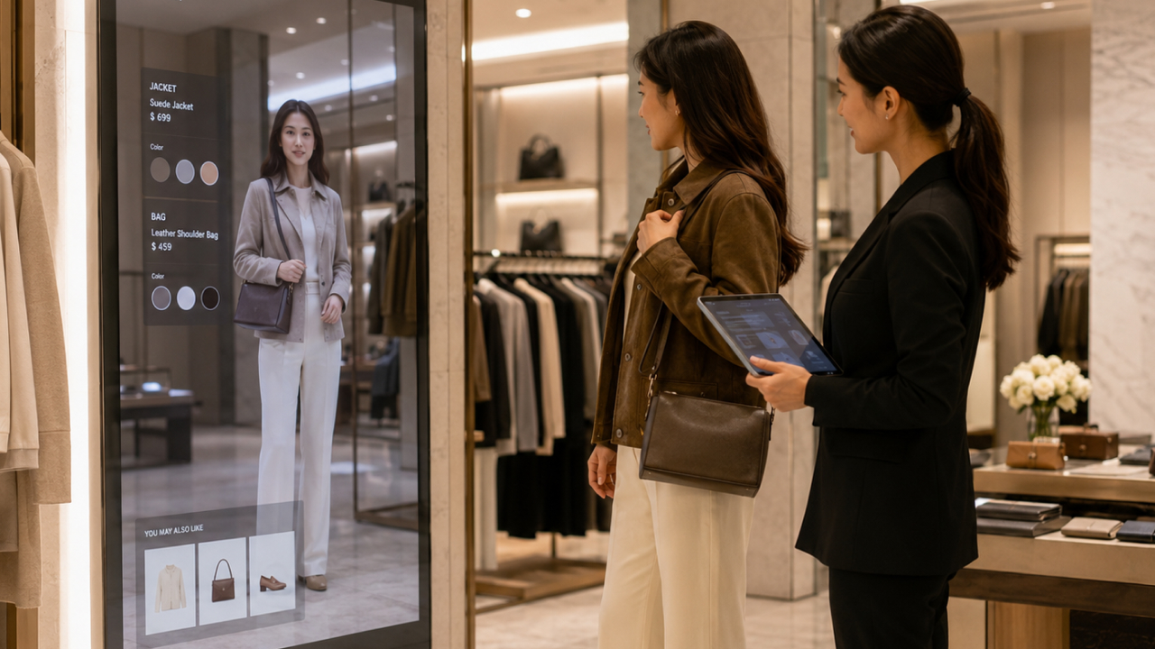Customer using an AI smart mirror for virtual styling